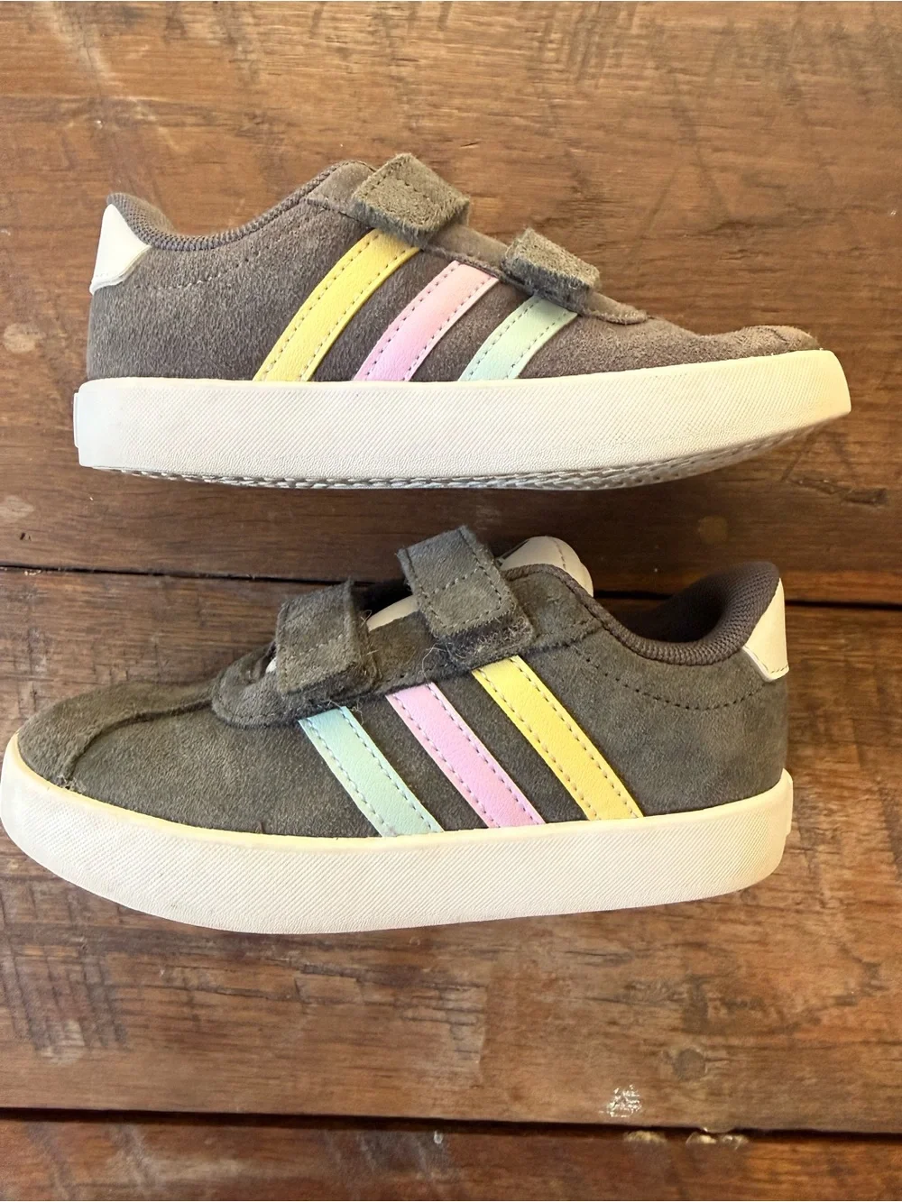 adidas Kids Gray Suede Sneakers with Pastel Stripes